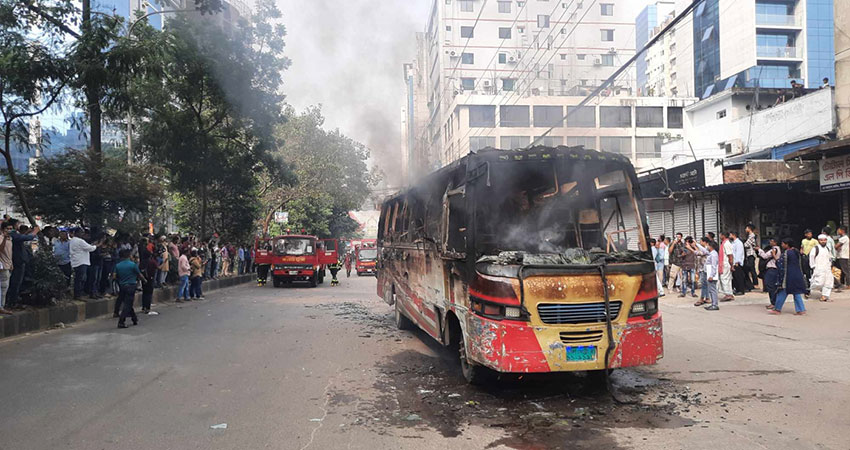 Bus set on fire in capital's Bijoynagar area